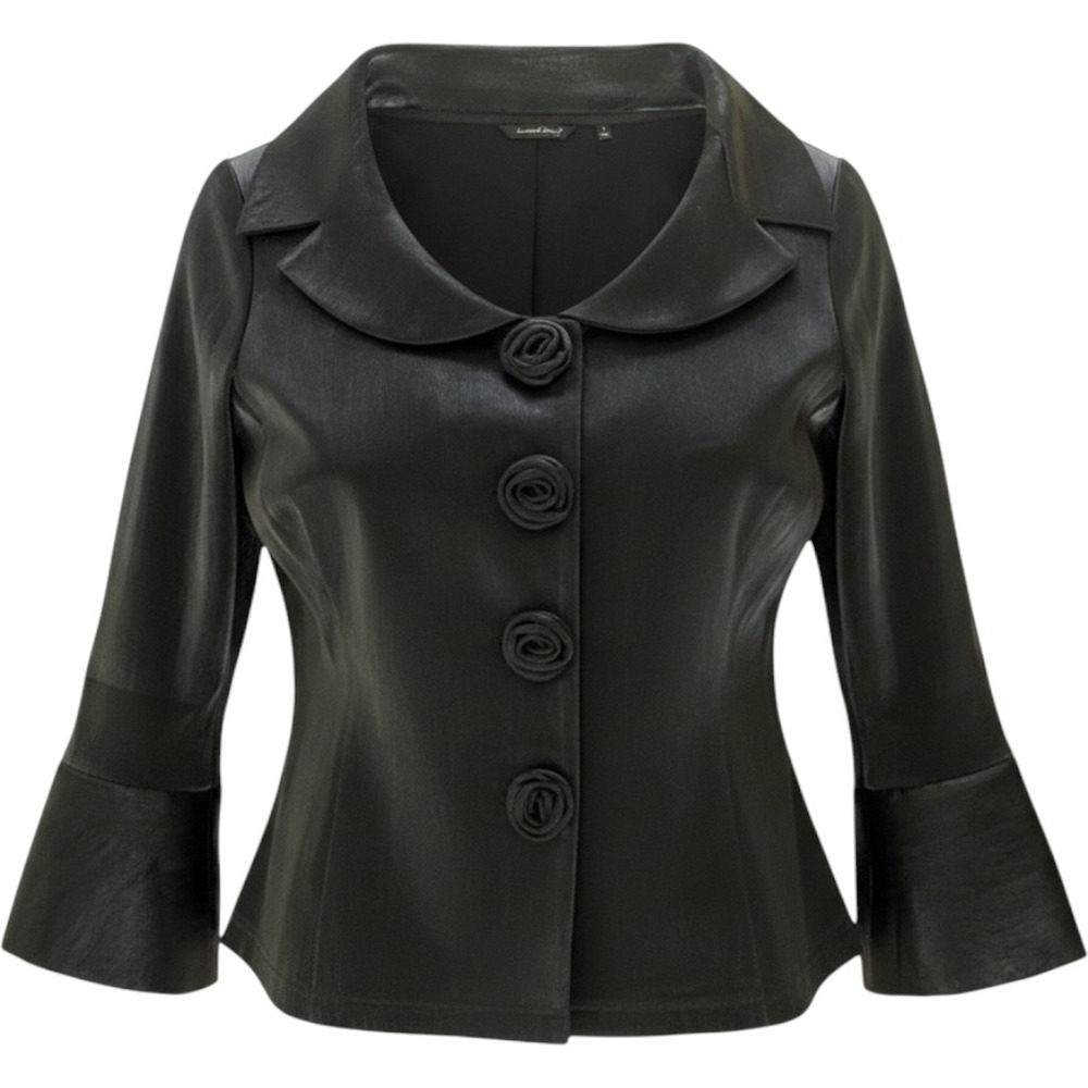 Samuel Dong Womens Shimmer Top Blouse Black Rosette Size L Artsy Quiet Luxury